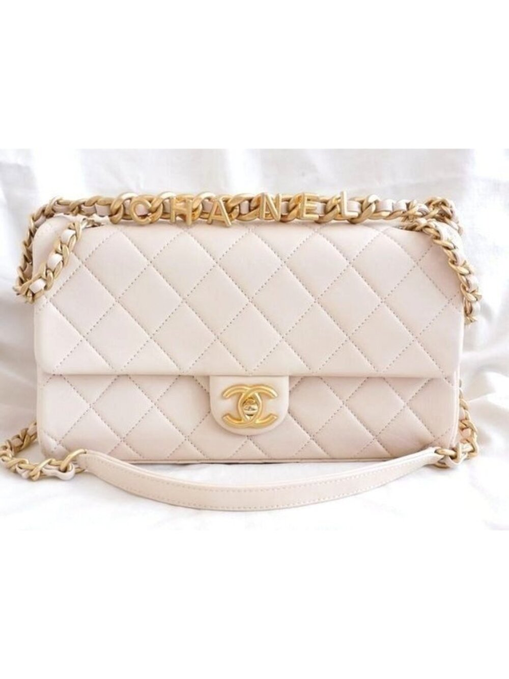 Chanel Quilted Chain Shoulder Bag Leather Light Beige